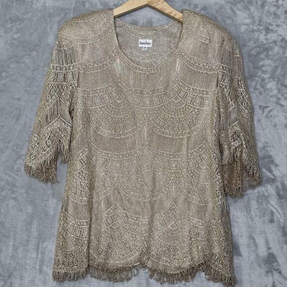 Neiman Marcus Top Womens Small Gold Metallic Fringe Crochet Knit Scallop Hem Vtg - Picture 2 of 11